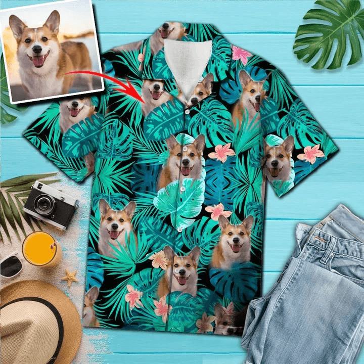 Custom Photo Pembroke Welsh Corgi Face Hide In Tropical Jungle Pattern Hawaiian Shirt, Personalized Hawaiian Shirts - Perfect Gift For Dog Lovers - Amzanimalsgift
