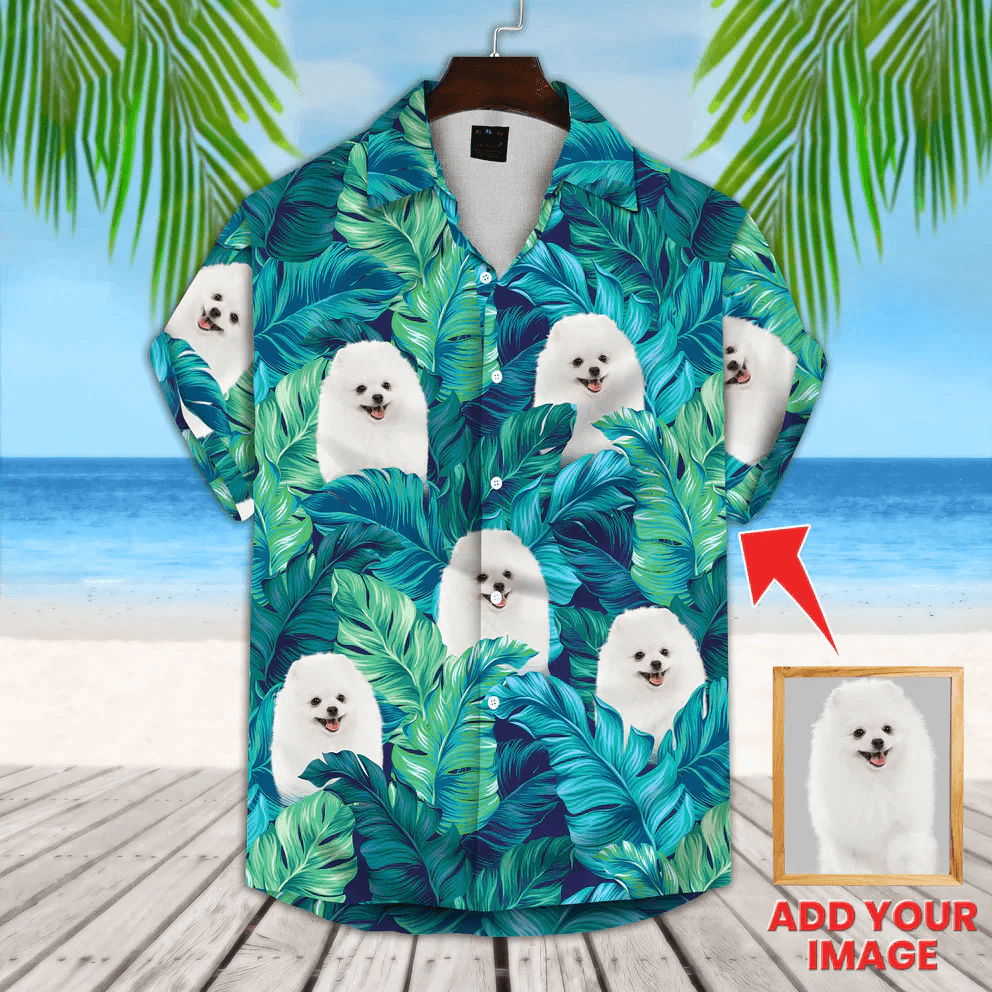 Custom Photo Turquoise And Blue Tropical Leaves Pattern Hawaiian Shirt, Personalized Hawaiian Shirts - Perfect Gift For Animal Lovers, Friends, Family - Amzanimalsgift