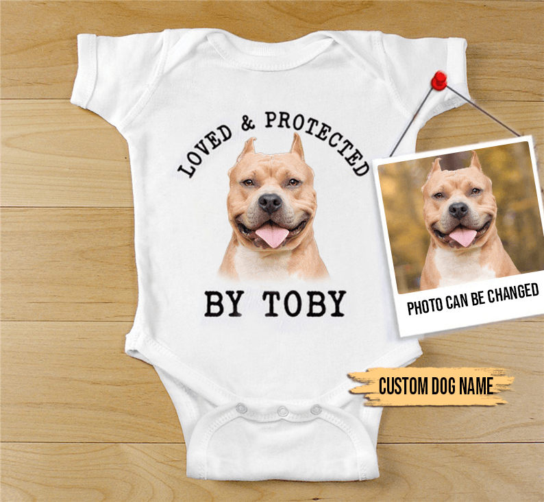 Custom Pitbull Baby Onesies, Loved & Protected By Custom Dog Newborn Onesies, Personalized Onesies - Perfect Gift For Baby, Baby Gift Onesie - Amzanimalsgift