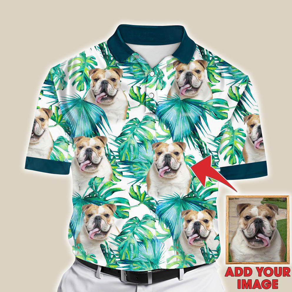 Custom Polo Shirt With Dog Face, Pet Face Polo Shirt, Green Leaves Pattern Personalized Polo Shirt For Dog Dad - Perfect Gift For Men, Dog Lover - Amzanimalsgift