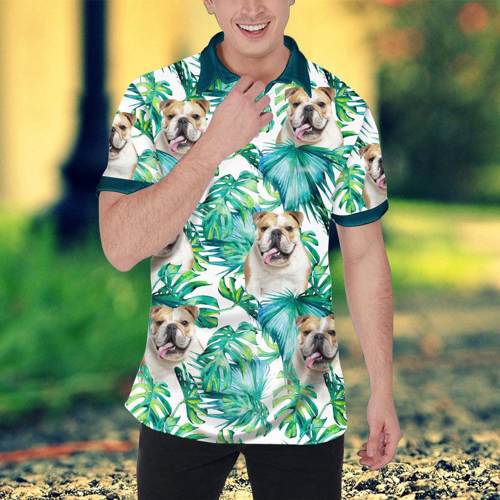 Custom Polo Shirt With Dog Face, Pet Face Polo Shirt, Green Leaves Pattern Personalized Polo Shirt For Dog Dad - Perfect Gift For Men, Dog Lover - Amzanimalsgift