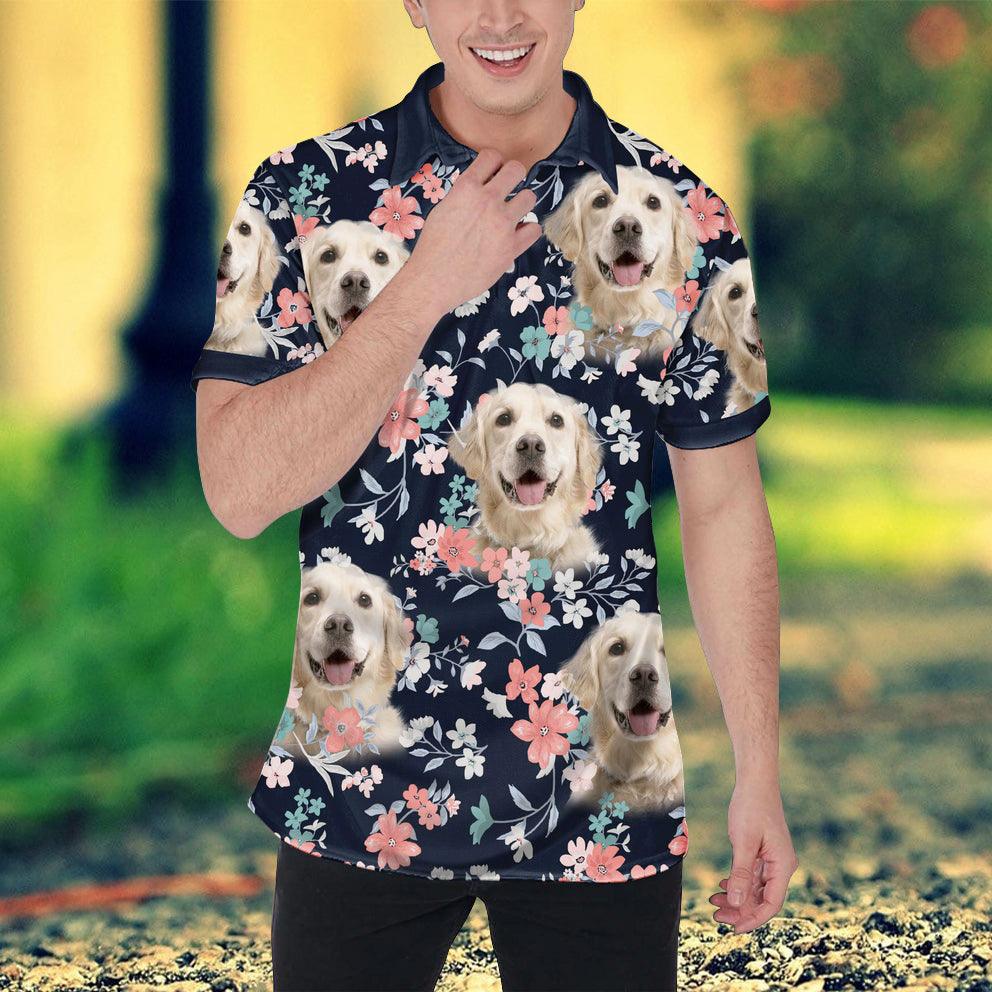 Custom Polo Shirt With Dog Face, Pet Face Polo Shirt, Summer Flower Pattern Personalized Polo Shirt For Dog Dad - Perfect Gift For Men, Dog Lover - Amzanimalsgift