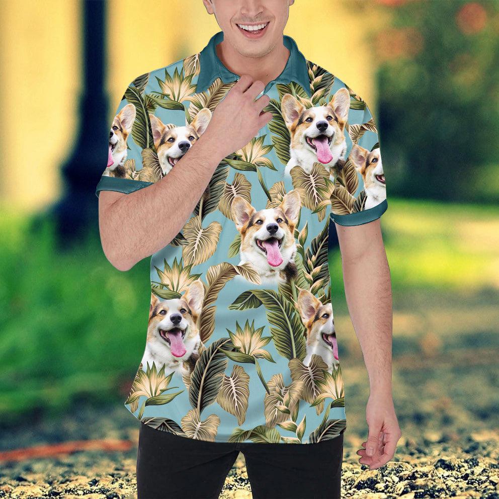 Custom Polo Shirt With Dog Face, Pet Polo Shirt, Blizzard Blue Leaves Pattern Personalized Polo Shirt For Dog Dad - Perfect Gift For Men, Dog Lover - Amzanimalsgift