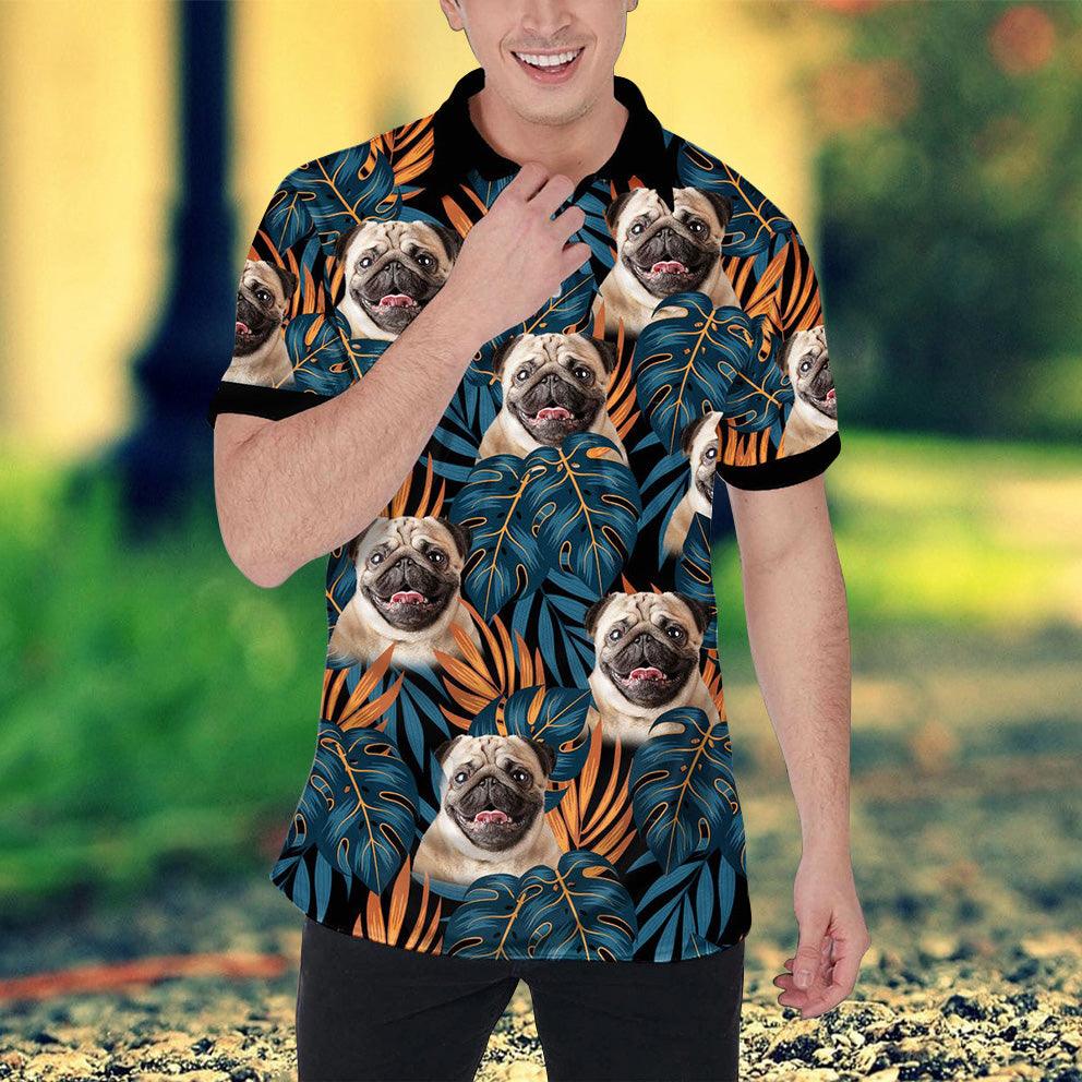 Custom Polo Shirt With Dog Face, Pet Polo Shirt, Dark Blue, Orange Leaf Pattern Personalized Polo Shirt For Dog Dad - Perfect Gift For Men, Dog Lover - Amzanimalsgift