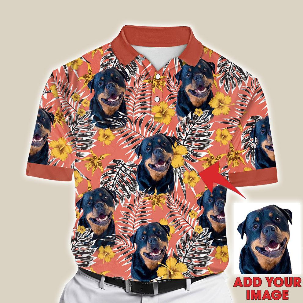 Custom Polo Shirt With Dog Face, Pet Polo Shirt, Orange & Yellow Floral Pattern Personalized Polo Shirt For Dog Dad - Perfect Gift For Men, Dog Lover - Amzanimalsgift