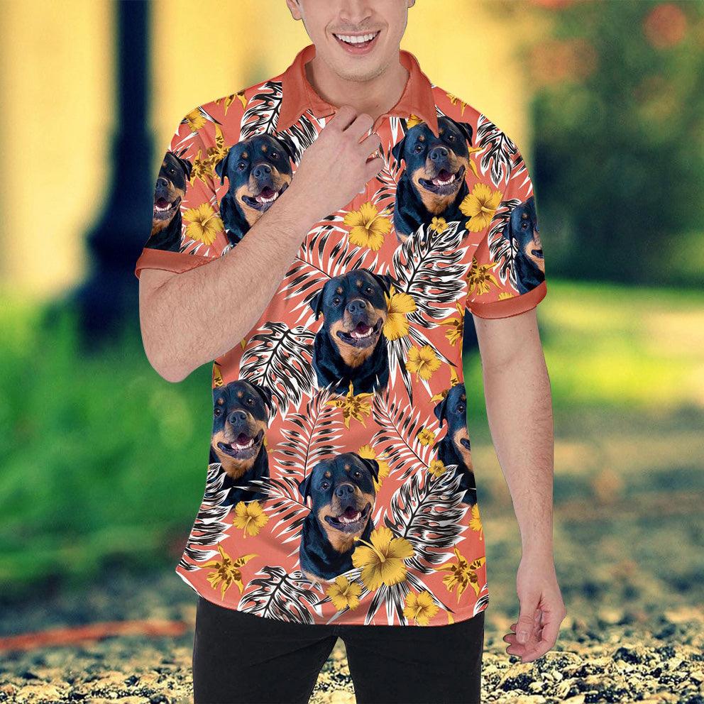 Custom Polo Shirt With Dog Face, Pet Polo Shirt, Orange & Yellow Floral Pattern Personalized Polo Shirt For Dog Dad - Perfect Gift For Men, Dog Lover - Amzanimalsgift