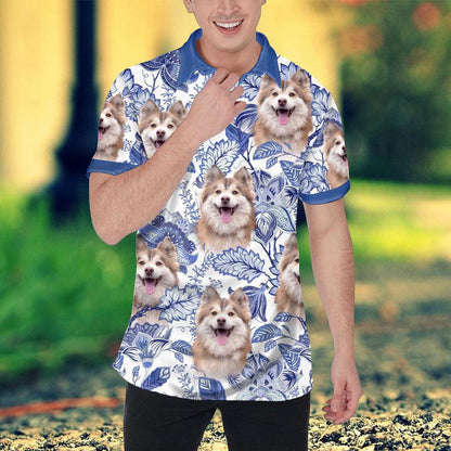 Custom Polo Shirt With Dog Face, Pet Polo Shirt, Purple Leaves, Flowers Pattern Personalized Polo Shirt For Dog Dad - Perfect Gift For Men, Dog Lover - Amzanimalsgift