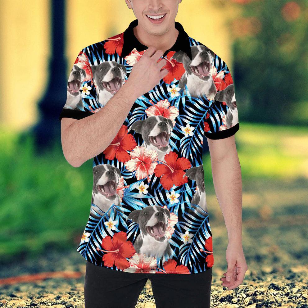 Custom Polo Shirt With Dog Face, Pet Polo Shirt, Red Leaves Flowers Pattern Personalized Polo Shirt For Dog Dad - Perfect Gift For Men, Dog Lover - Amzanimalsgift