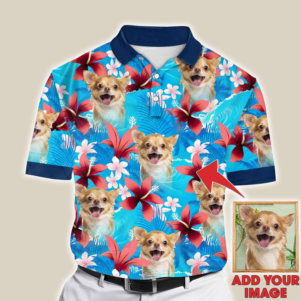 Custom Polo Shirt With Dog Face, Pet Polo Shirt, Summer Flowers Leaves Pattern Personalized Polo Shirt For Dog Dad - Perfect Gift For Men, Dog Lover - Amzanimalsgift