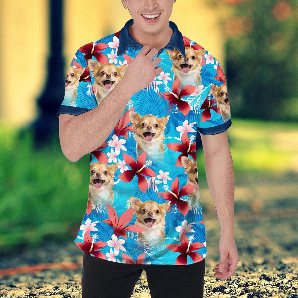 Custom Polo Shirt With Dog Face, Pet Polo Shirt, Summer Flowers Leaves Pattern Personalized Polo Shirt For Dog Dad - Perfect Gift For Men, Dog Lover - Amzanimalsgift