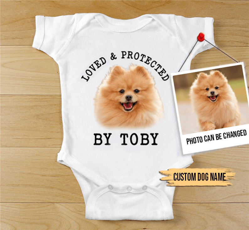 Custom Pomeranian Baby Onesies, Loved & Protected By Custom Dog Newborn Onesies, Personalized Onesies - Perfect Gift For Baby, Baby Gift Onesie - Amzanimalsgift