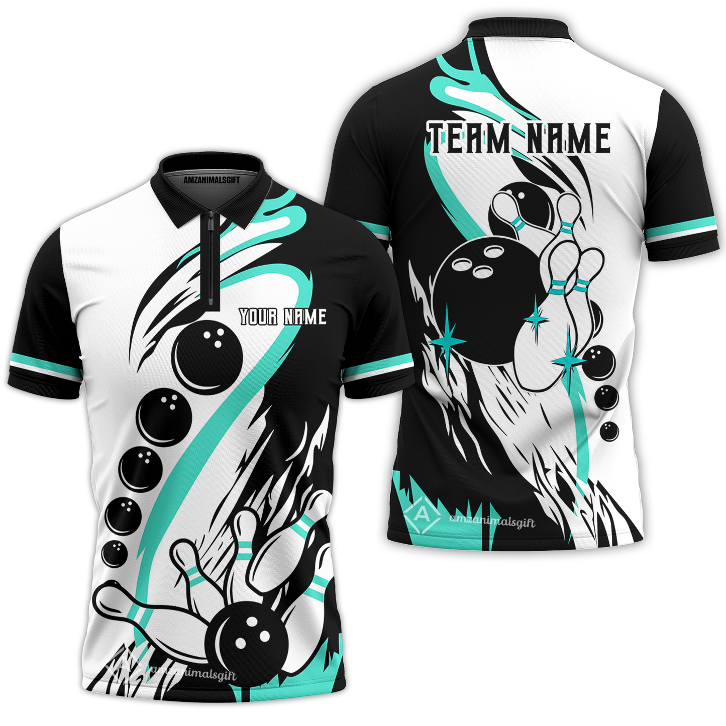 Custom Purple Turquoise Retro Bowling League Jersey, Custom Bowling Team Jerseys Polo Shirts, Custom Bowling Uniforms Jerseys