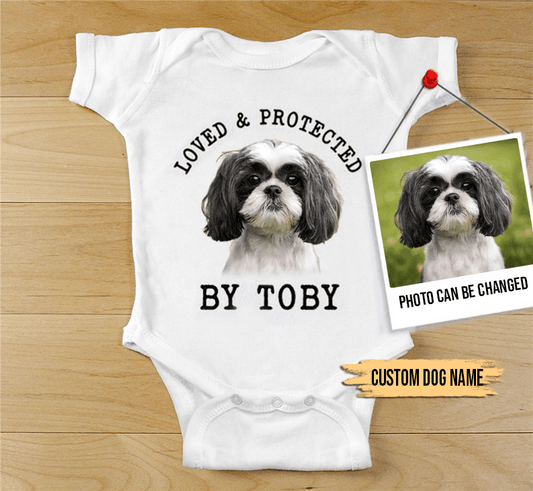 Custom Shih Tzu Baby Onesies, Loved & Protected By Custom Dog Newborn Onesies, Personalized Onesies - Perfect Gift For Baby, Baby Gift Onesie - Amzanimalsgift