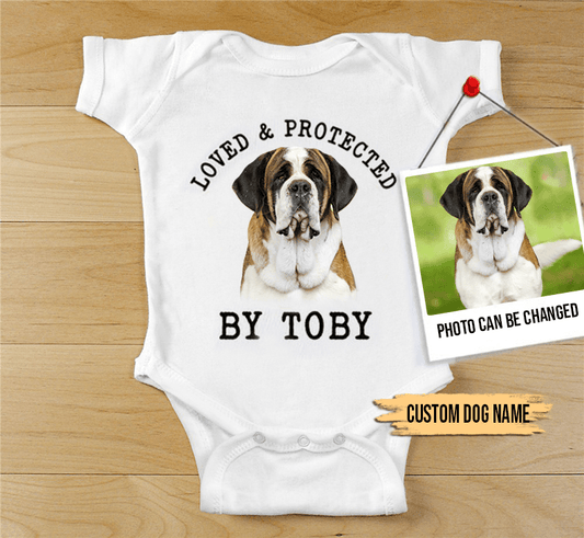 Custom St Bernard Baby Onesies, Loved & Protected By Custom Dog Newborn Onesies, Personalized Onesies - Perfect Gift For Baby, Baby Gift Onesie - Amzanimalsgift