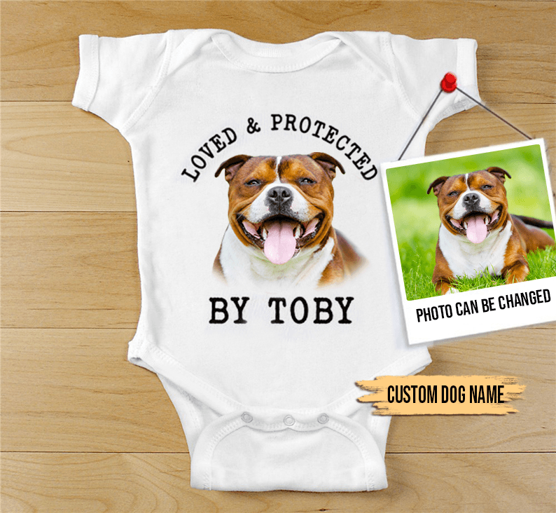 Custom Staffordshire Bull Terrier Baby Onesies, Loved & Protected By Custom Dog Newborn Onesies, Personalized Onesies - Perfect Gift For Baby, Baby Gift Onesie - Amzanimalsgift
