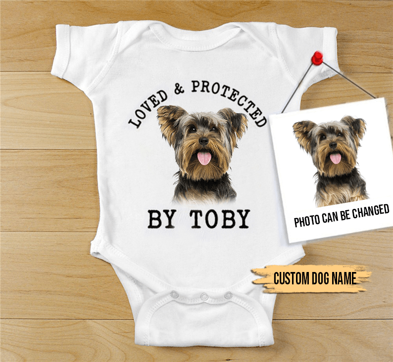 Custom Yorkie Baby Onesies, Loved & Protected By Custom Dog Newborn Onesies, Personalized Onesies - Perfect Gift For Baby, Baby Gift Onesie - Amzanimalsgift