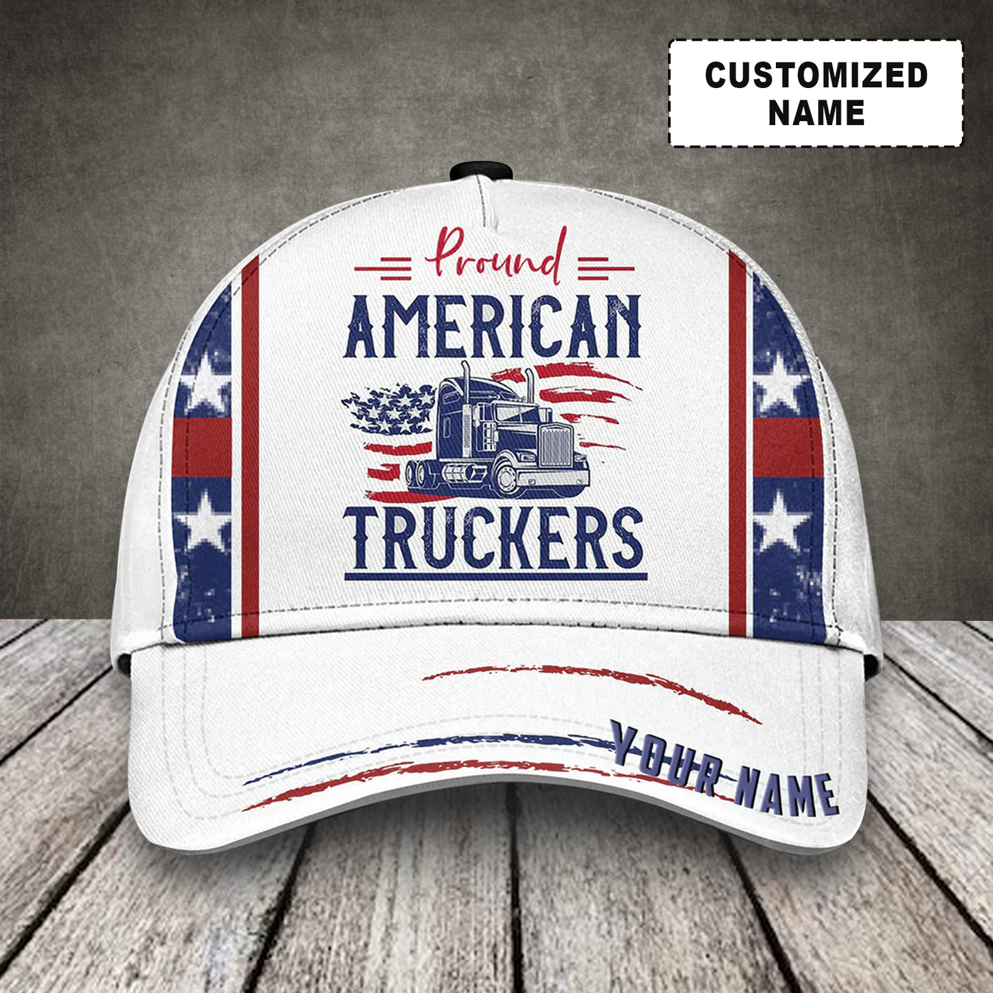 Customized American Trucker Baseball Cap, Blue Truck Patriotic American Flag White Hat, Perfect Hat For Trucker July 4th