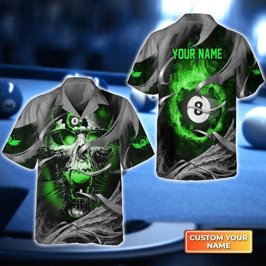 Customized Billiard Hawaiian Shirts, Green Skull Reaper Pool 8 Ball Personalized Aloha Shirt - Gift For Billiard Lovers, Billiard Players - Amzanimalsgift