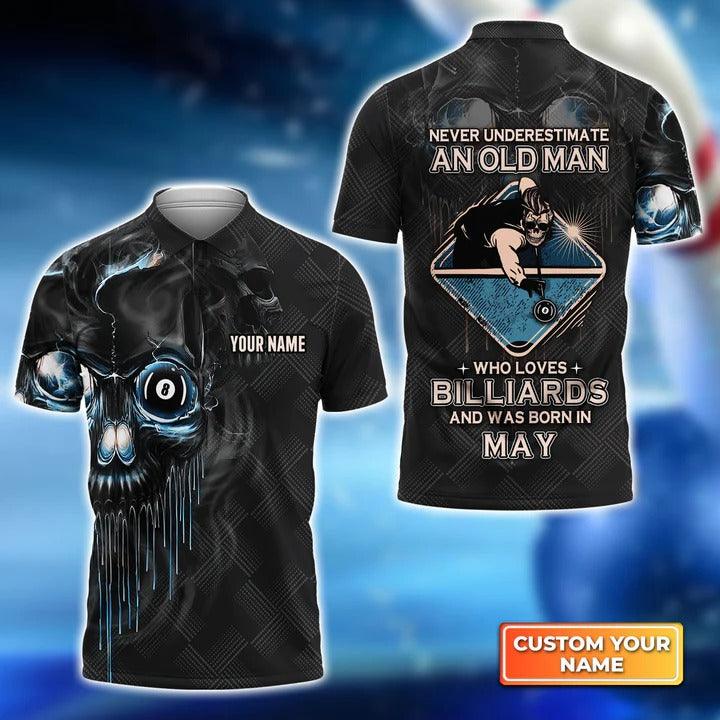 Customized Billiard Men Polo Shirts - Pool 8 Ball Never Underestimate An Old Man And Was Born In May Personalized Polo Shirts - Gift For Billiard Lovers - Amzanimalsgift