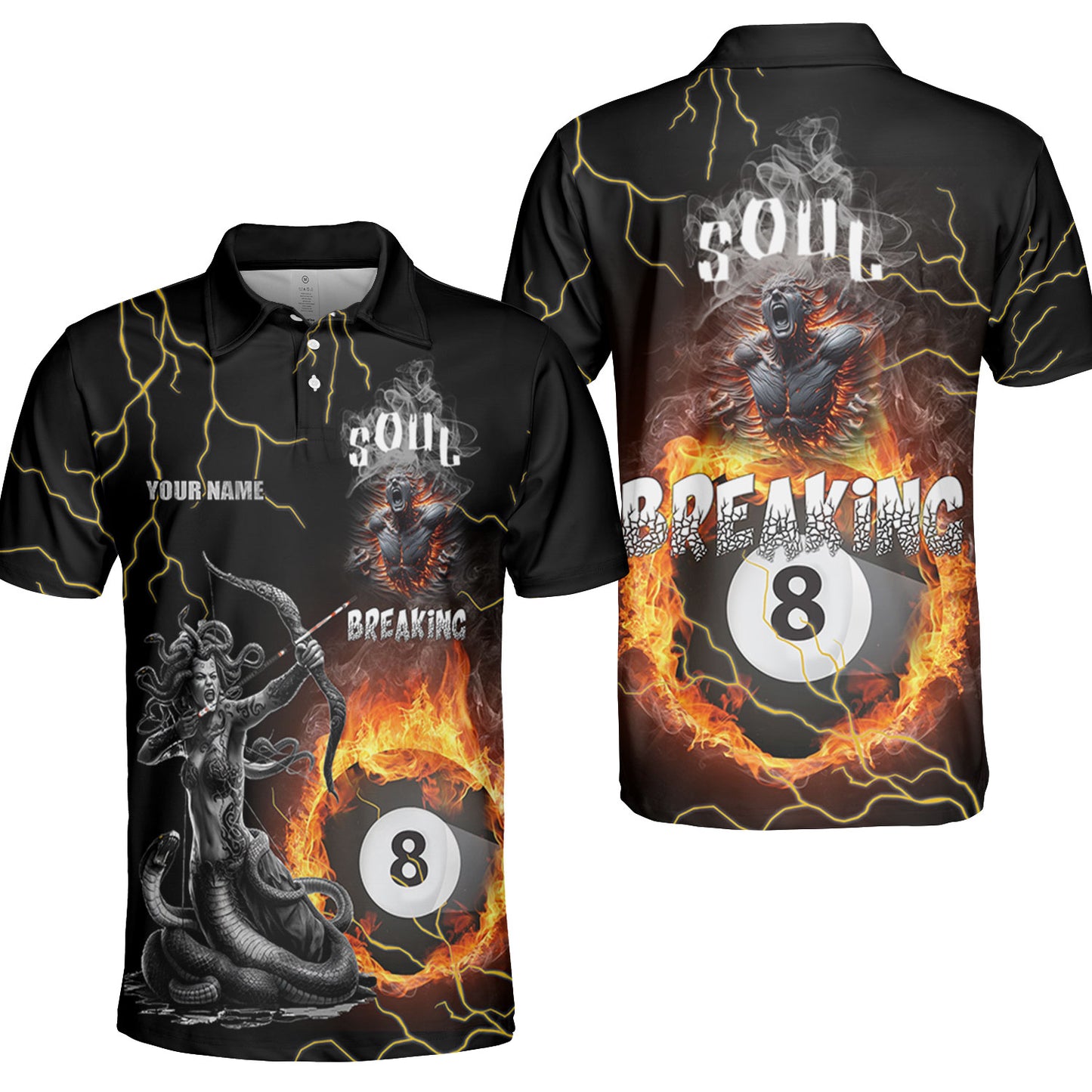 Customized Billiards 8 Ball Pool Polo Shirt, Soul Breaking Medusa With 8 Ball Flaming Polo Shirts For 8 Ball Pool Players