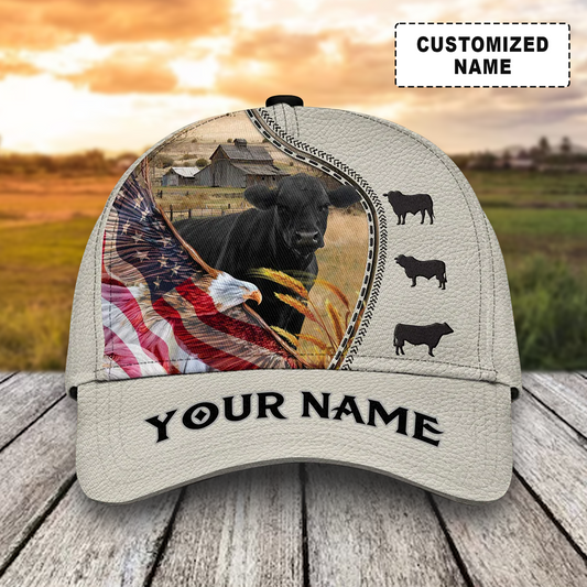 Customized Black Angus Cattle Caps Hat, Black Angus Cow Patriotic Eagle White Caps, Best Hat For Men Women July 4th