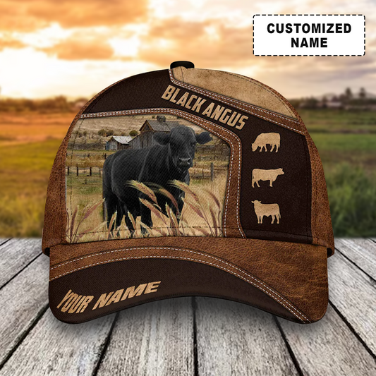 Customized Black Angus Cattle Caps Hat, Black Angus On Farm Brown Leather Pattern Hats, Best Farm Hat For Men Women