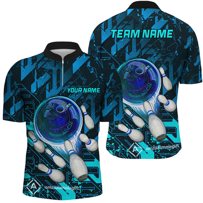 Customized Blue Metric Abstract Bowling Team Jersey, Personalized Name Bowling Quarter-Zip Uniforms For Bowlers, Team League