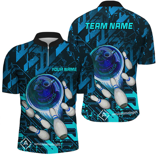 Customized Blue Metric Abstract Bowling Team Jersey, Personalized Name Bowling Quarter-Zip Uniforms For Bowlers, Team League