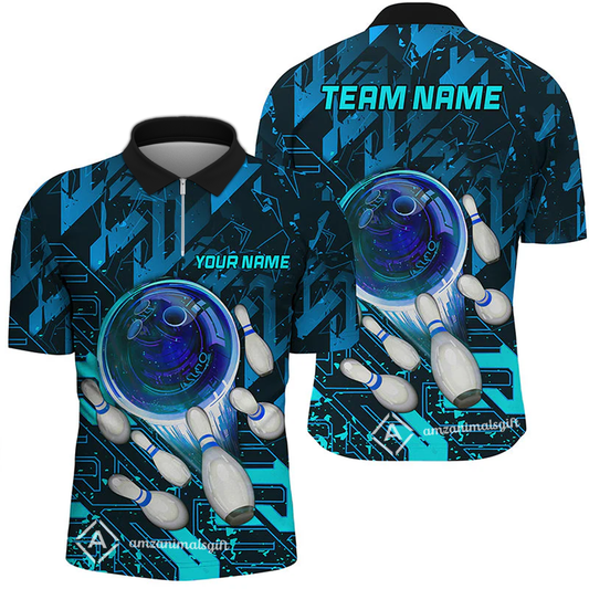 Customized Blue Metric Abstract Bowling Team Quarter-Zip Polo Shirt, Personalized Name Bowling Uniforms For Bowlers, Team League