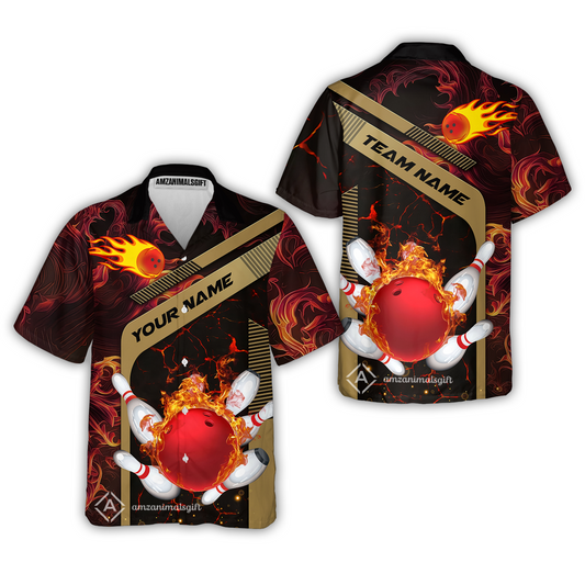 Customized Bowling Button Up Shirt, Bowling In Flaming With Magna Pattern Hawaiian Shirt Uniform For Bowlers