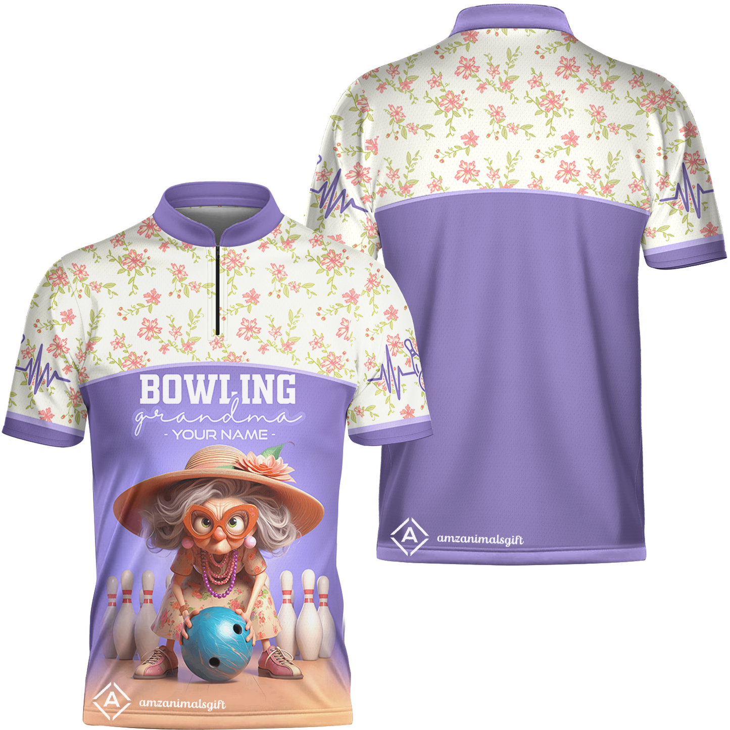 Customized Bowling Grandma Jersey, Bowling Grandma Purple Style Personalized Name Quarter-Zip Jerseys For Bowlers