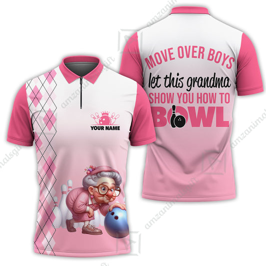 Customized Bowling Grandma Quarter-Zip Polo Shirt, Bowling Grandma Pink Style Let This Grandma Show You How To Bowl