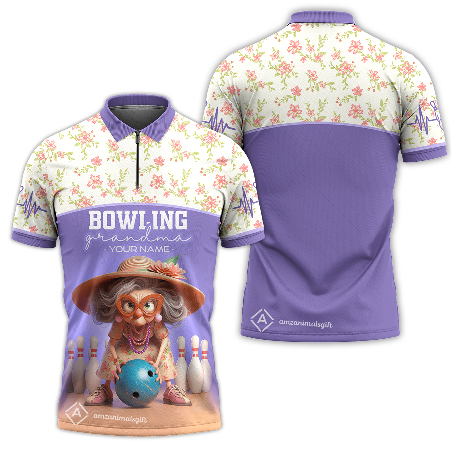 Customized Bowling Grandma Quarter-Zip Polo Shirt, Bowling Grandma Purple Style Personalized Name Shirt For Grandmother