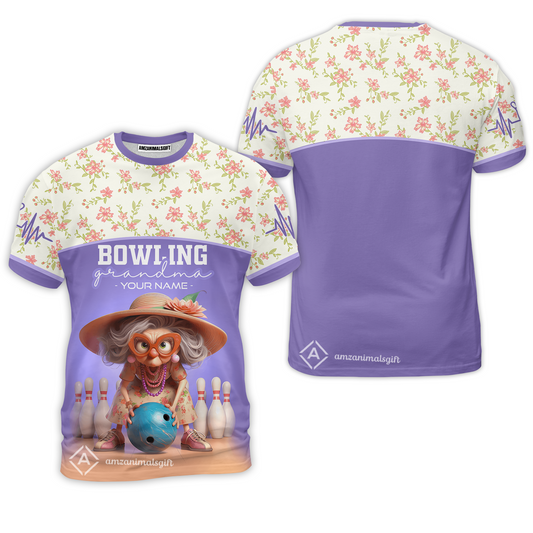 Customized Bowling Grandma T-Shirt, Bowling Grandma Purple Style Personalized Name Polo Shirt For Grandmother, Gigi, Bowlers