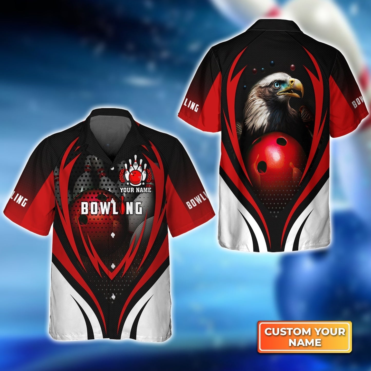 Customized Bowling Long Sleeve Polo Shirt, Eagle Bowling Team Ten Pin  Personalized Red Black Shirt For Friend, Family, Bowling Players