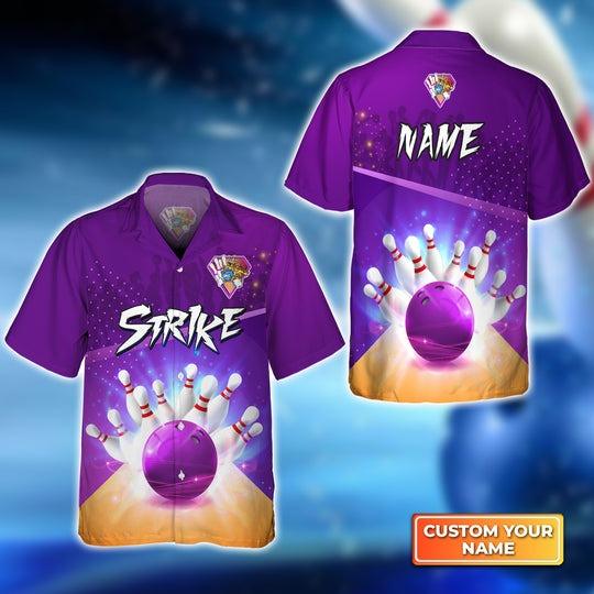 Customized Bowling Hawaiian Shirts, Bowling Strike Pin And Purple Ball Personalized Aloha Shirts - Gift For Bowling Lovers, Bowling Players - Amzanimalsgift