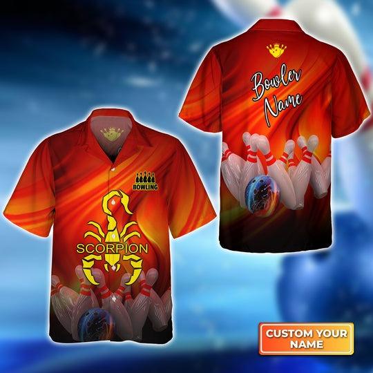 Customized Bowling Hawaiian Shirts, Orange Bowling Scorpion Personalized Aloha Shirts - Gift For Bowling Lovers, Bowling Players - Amzanimalsgift