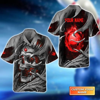 Customized Bowling Hawaiian Shirts, Skull Red Bowling Ball Personalized Aloha Shirts - Gift For Bowling Lovers, Bowling Players - Amzanimalsgift