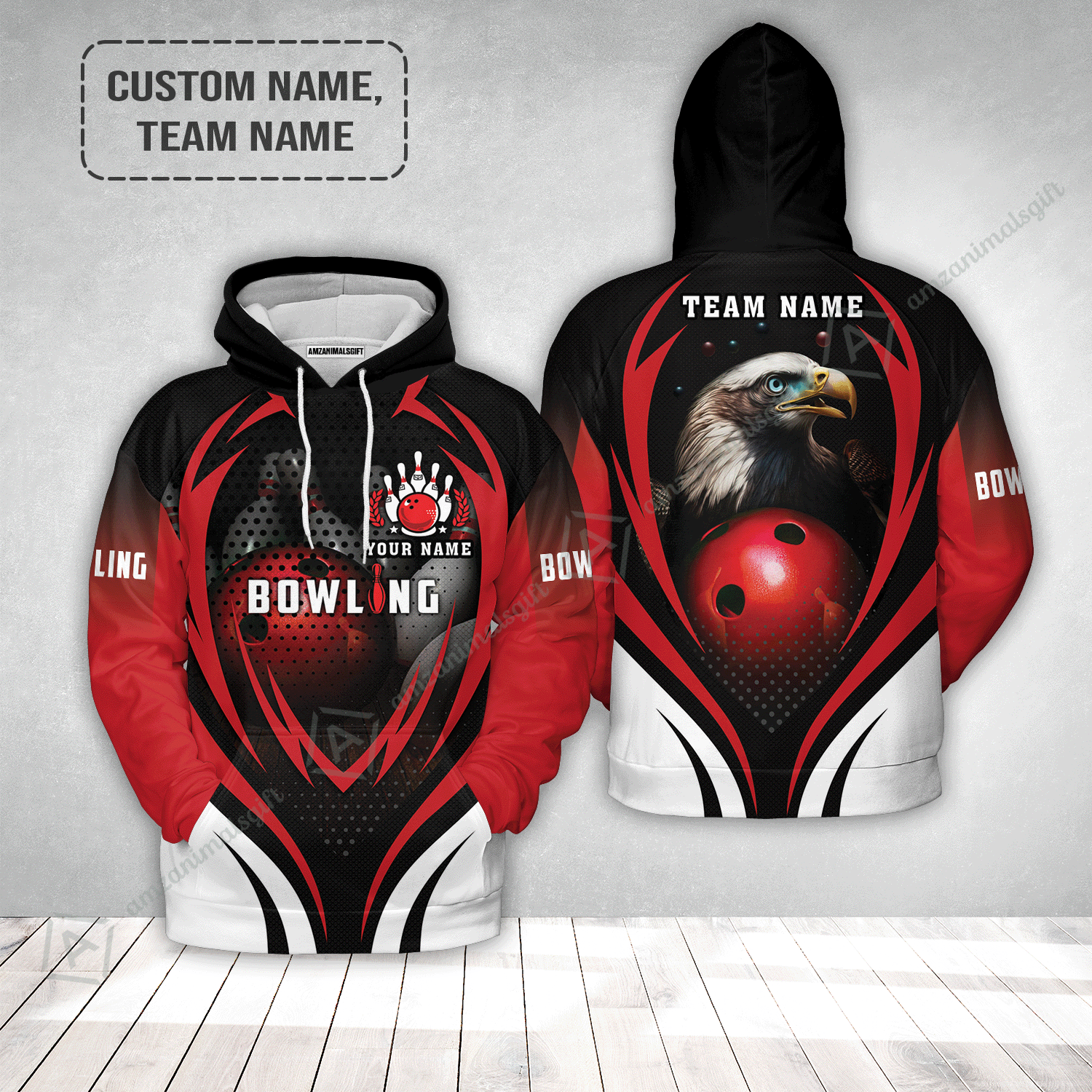 Customized Bowling Hoodie, Eagle Bowling Team Ten Pin  Personalized Red Black Shirt For Friend, Family, Bowling Players
