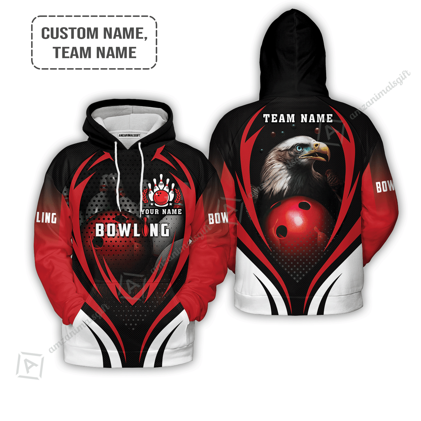 Customized Bowling Hoodie, Eagle Bowling Team Ten Pin  Personalized Red Black Shirt For Friend, Family, Bowling Players