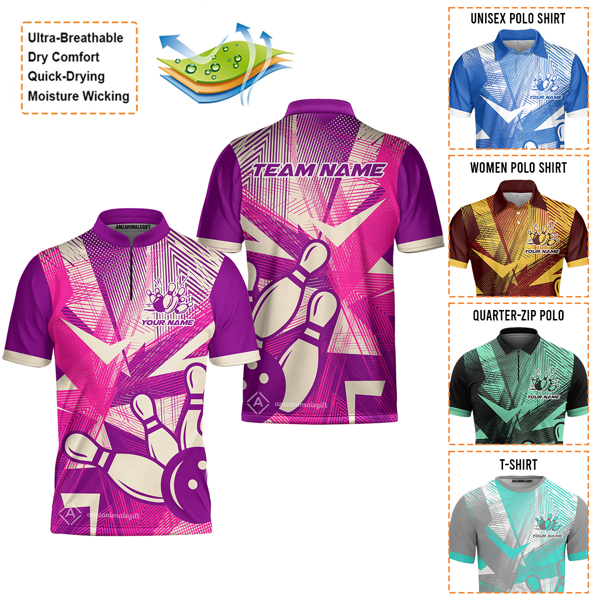 Customized Bowling Jersey, Bowling Ball And Pins Esport Pattern Quarter-Zip Stand Collar Uniform For Bowlers, Bowling Team