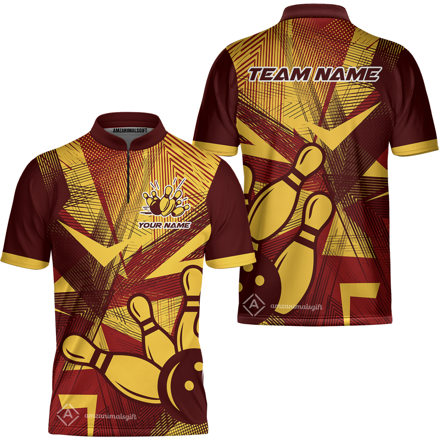 Customized Bowling Jersey, Bowling Ball And Pins Esport Pattern Quarter-Zip Stand Collar Uniform For Bowlers, Bowling Team
