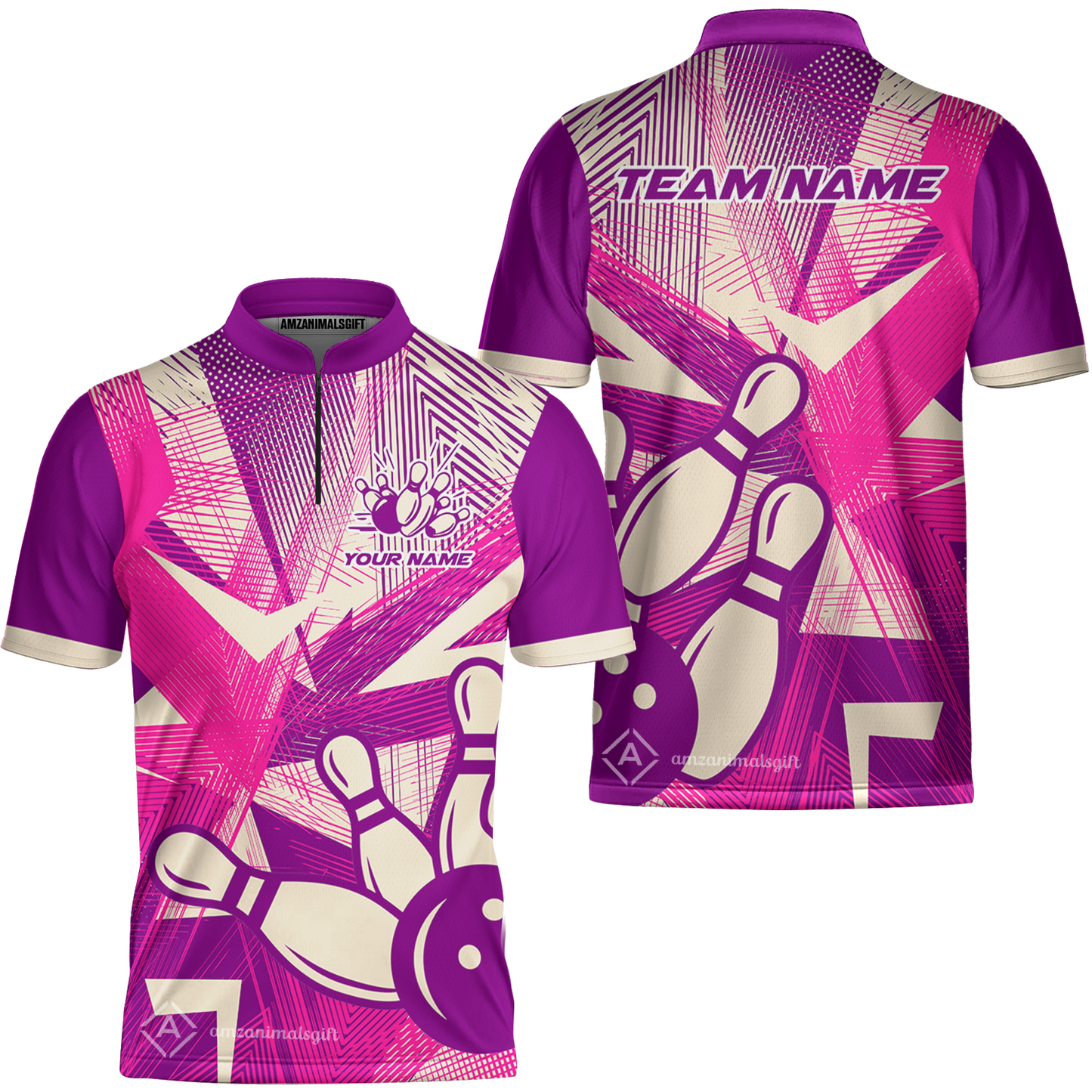 Customized Bowling Jersey, Bowling Ball And Pins Esport Pattern Quarter-Zip Stand Collar Uniform For Bowlers, Bowling Team