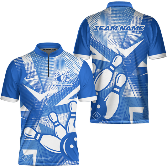 Customized Bowling Jersey, Bowling Ball And Pins Esport Pattern Quarter-Zip Stand Collar Uniform For Bowlers, Bowling Team