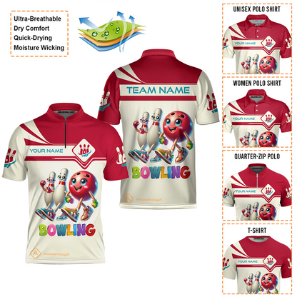 Customized Bowling Jersey, Bowling Ball and Pins Together Quarter-Zip Stand Collar Uniform For Bowlers, Bowling Team