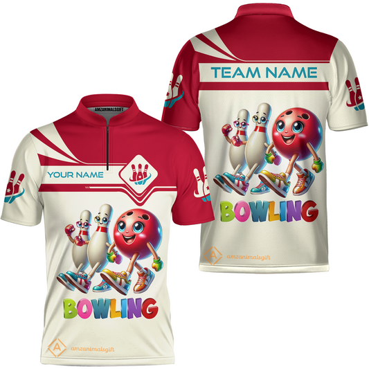 Customized Bowling Jersey, Bowling Ball and Pins Together Quarter-Zip Stand Collar Uniform For Bowlers, Bowling Team