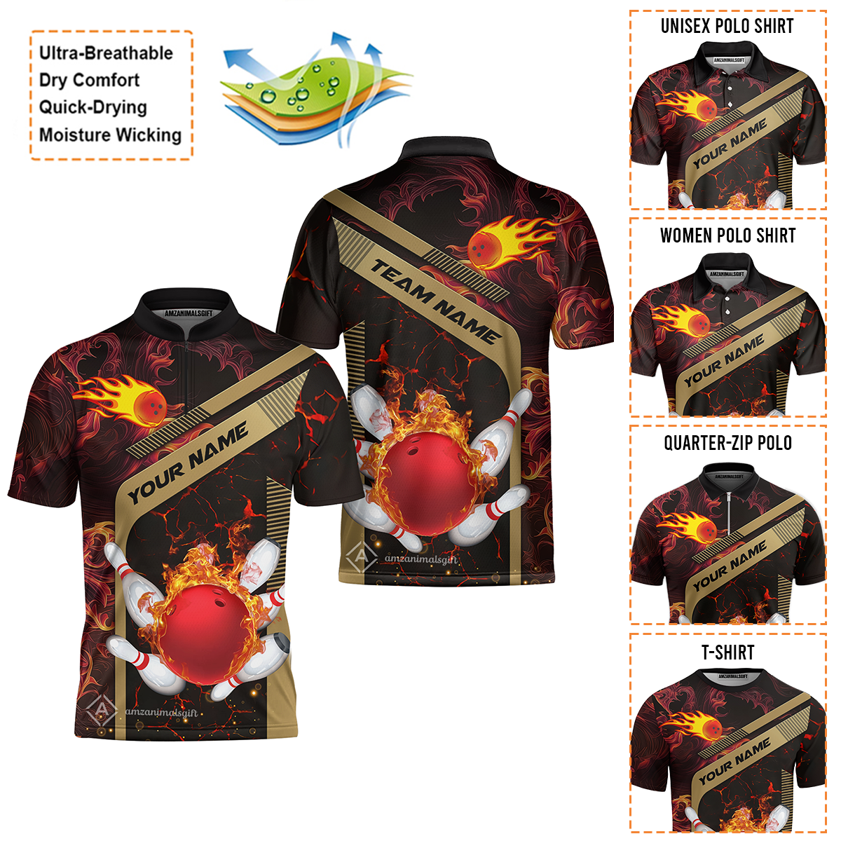 Customized Bowling Jersey, Bowling In Flaming With Magna Pattern Quarter-Zip Stand Collar Uniform For Bowlers