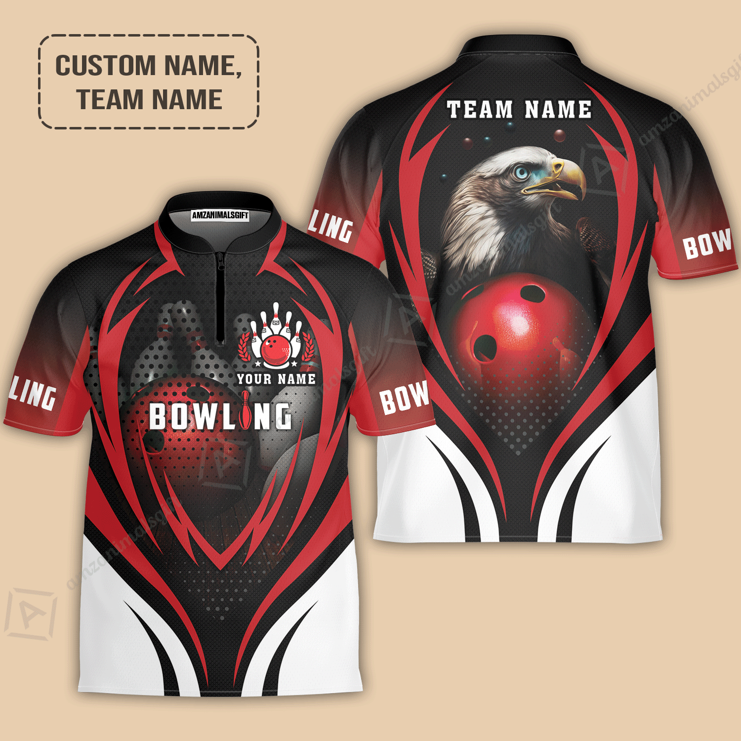 Customized Bowling Jersey, Eagle Bowling Team Ten Pin  Personalized Red Black Shirt For Friend, Family, Bowling Players