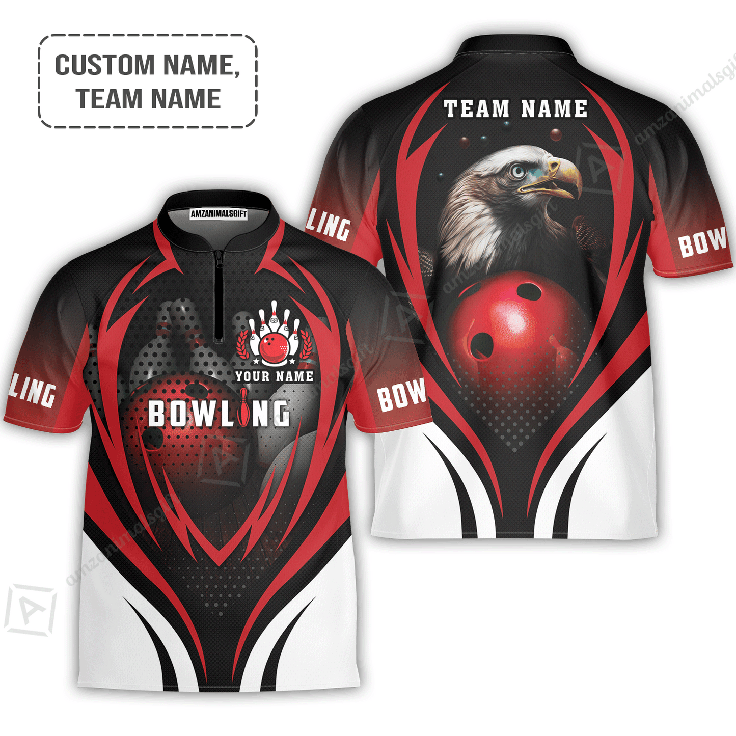 Customized Bowling Jersey, Eagle Bowling Team Ten Pin  Personalized Red Black Shirt For Friend, Family, Bowling Players