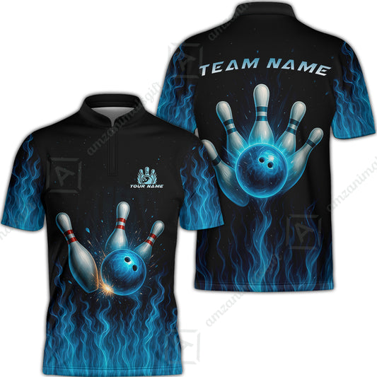 Customized Bowling Jersey, Intense Blue Flame Strike Quarter-Zip Stand Collar Shirt For Bowling Team, Bowlers